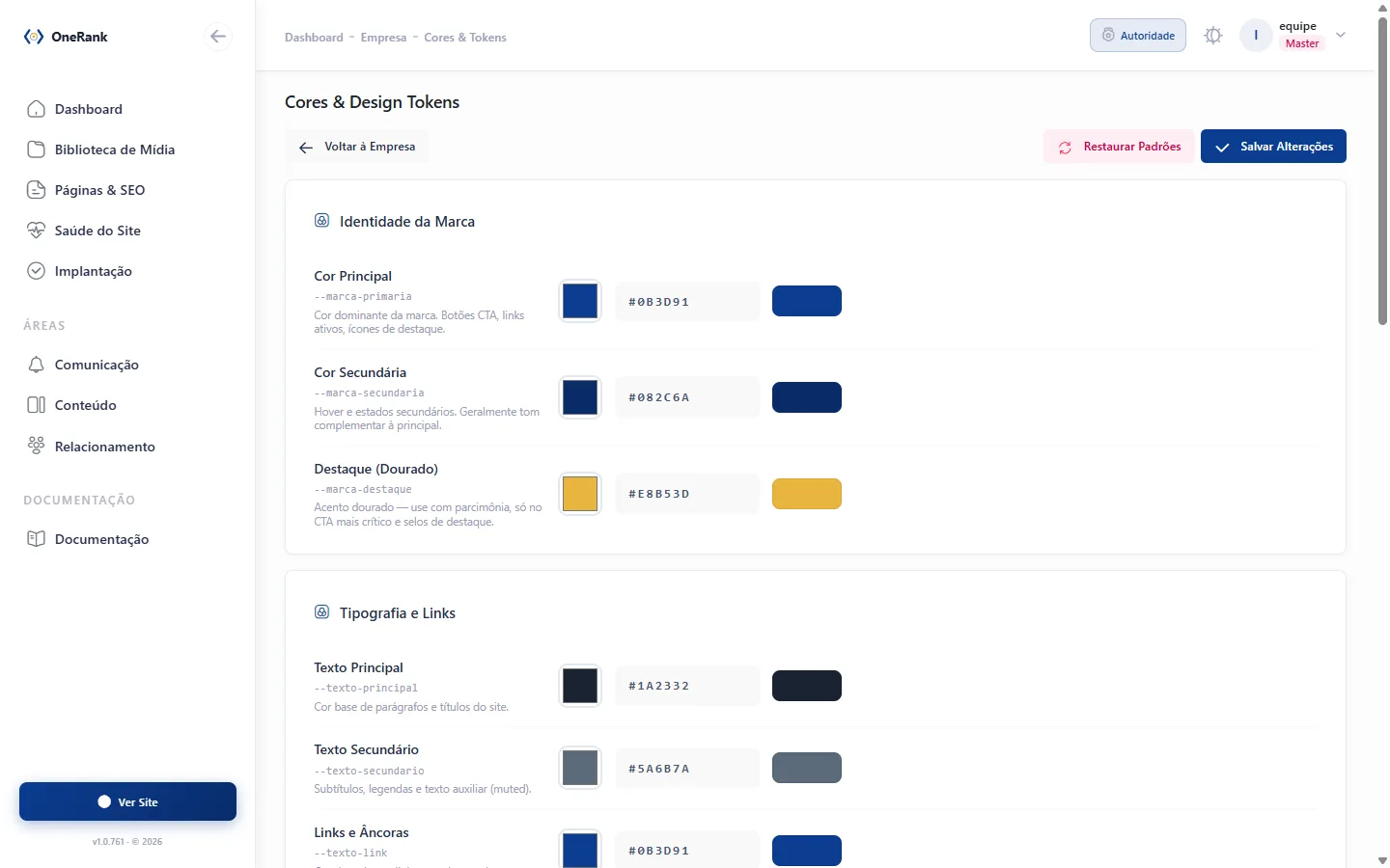 Tela de cores e design tokens no painel da OneRank.