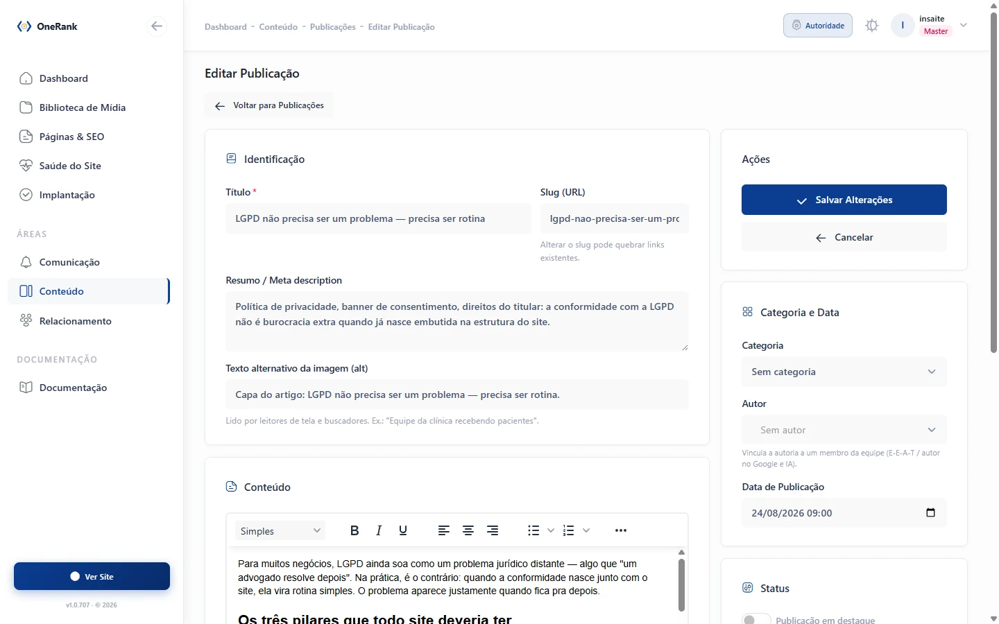 Painel administrativo da OneRank: editor de publicação com o artigo real sobre LGPD.