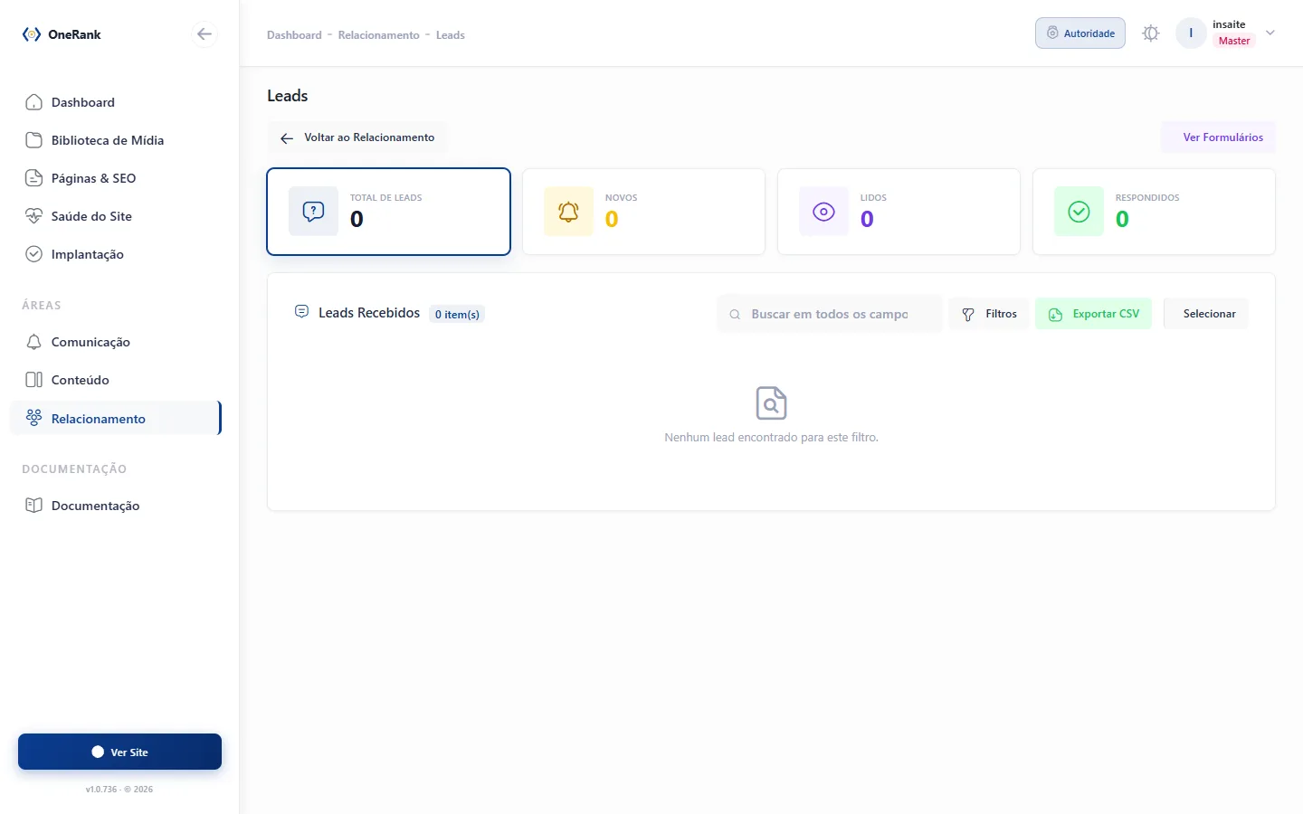 Tela de leads no painel da OneRank.