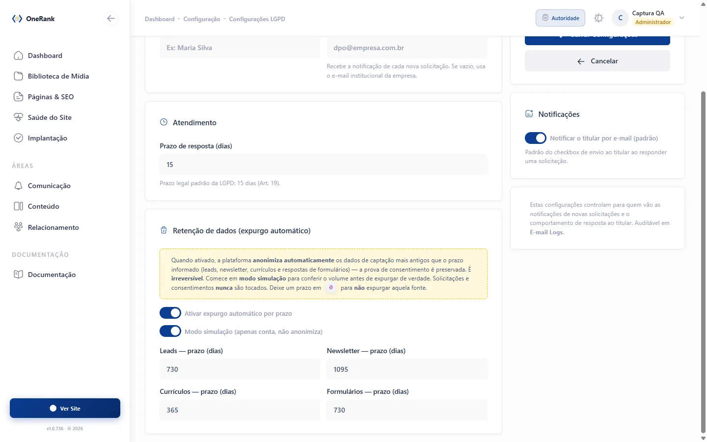 Painel administrativo da OneRank: retenção de dados por prazo, com o modo simulação ligado e os prazos definidos por tipo de dado.