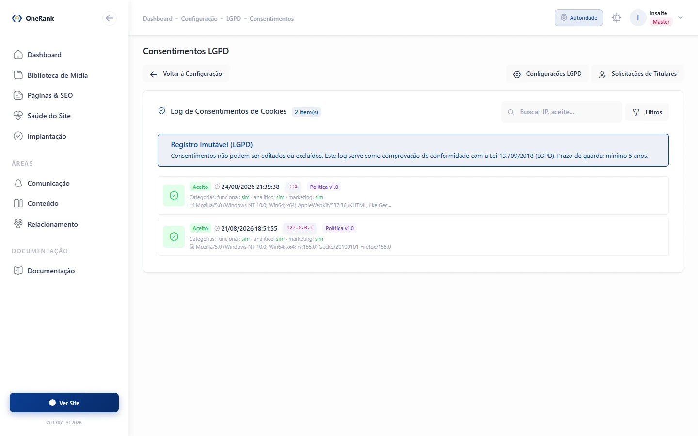 Painel de conformidade LGPD da OneRank.