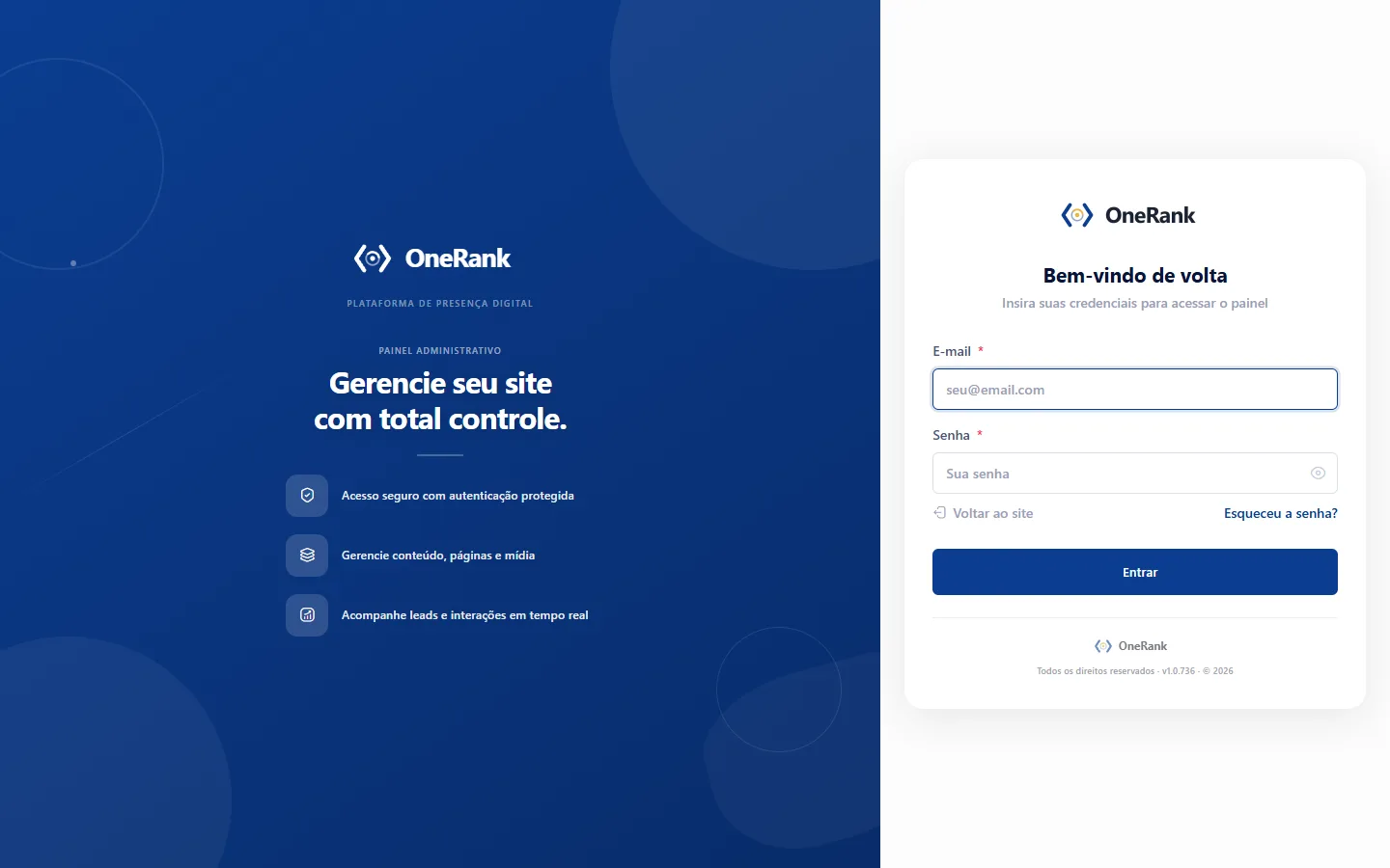 Painel administrativo da OneRank: tela de login desta instalação.