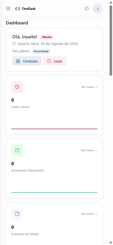 Painel administrativo da OneRank aberto no celular.