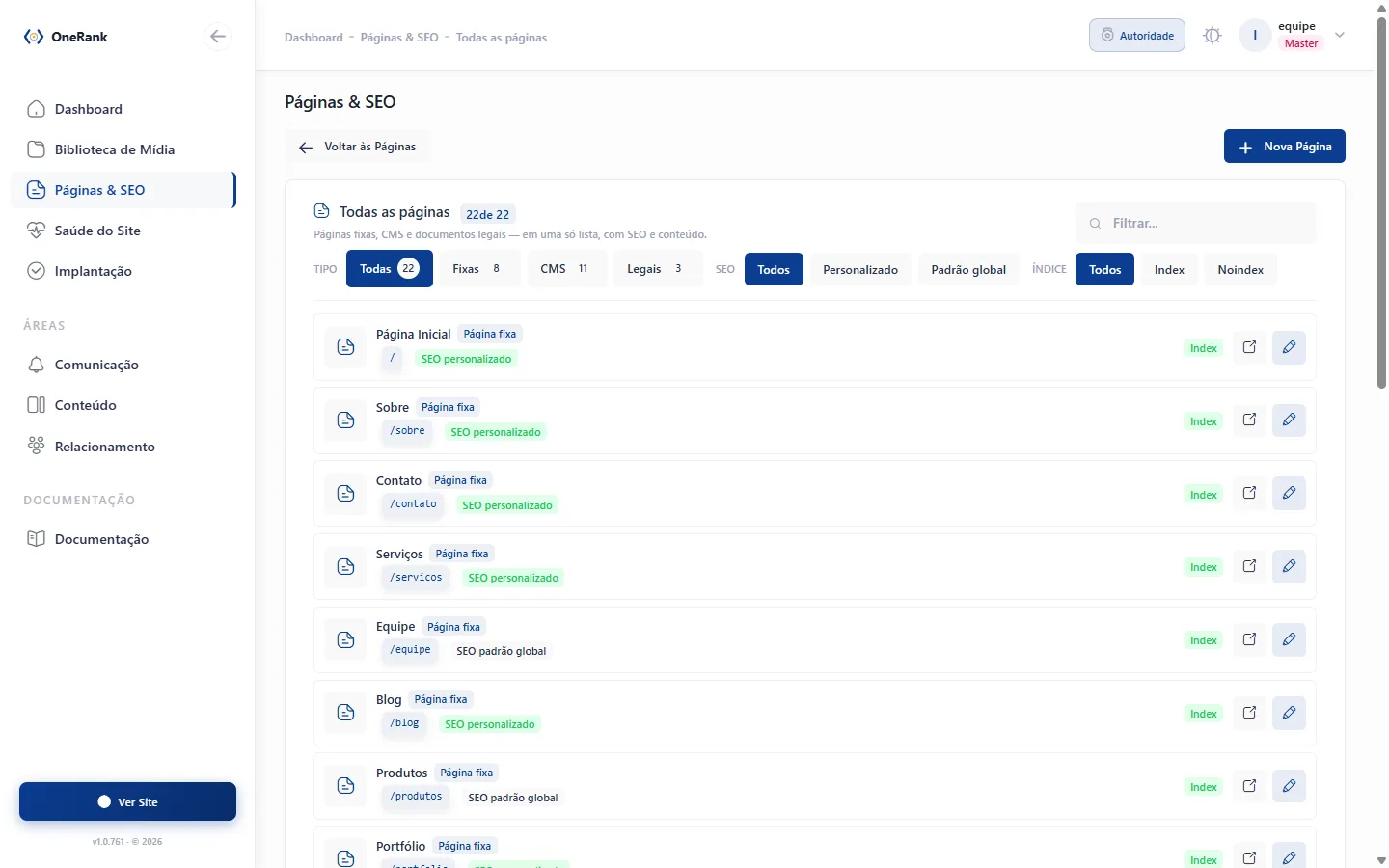 Tela de SEO das páginas no painel da OneRank.