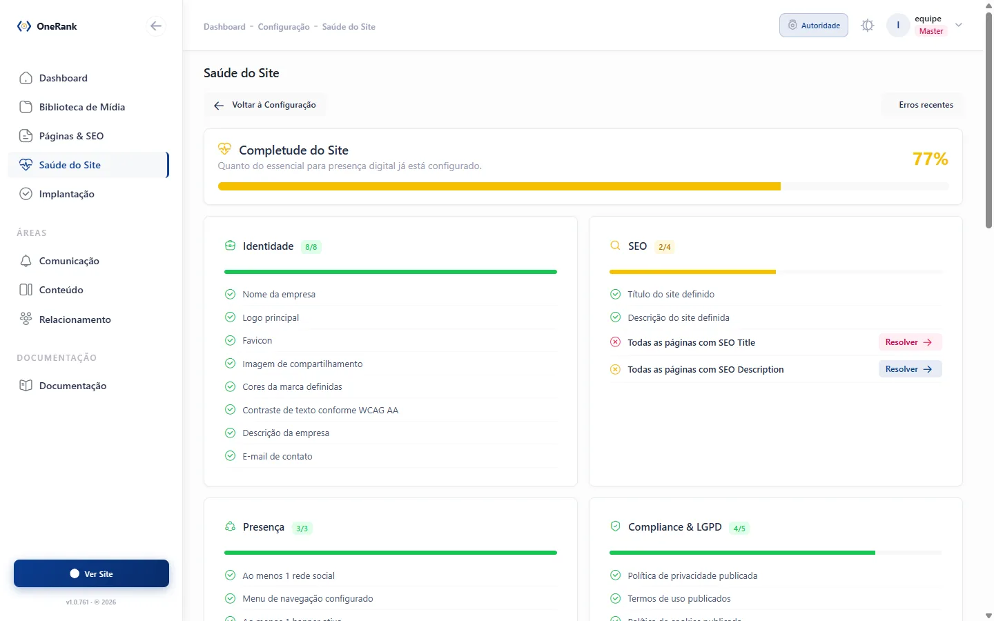 Tela de saúde da plataforma no painel da OneRank.