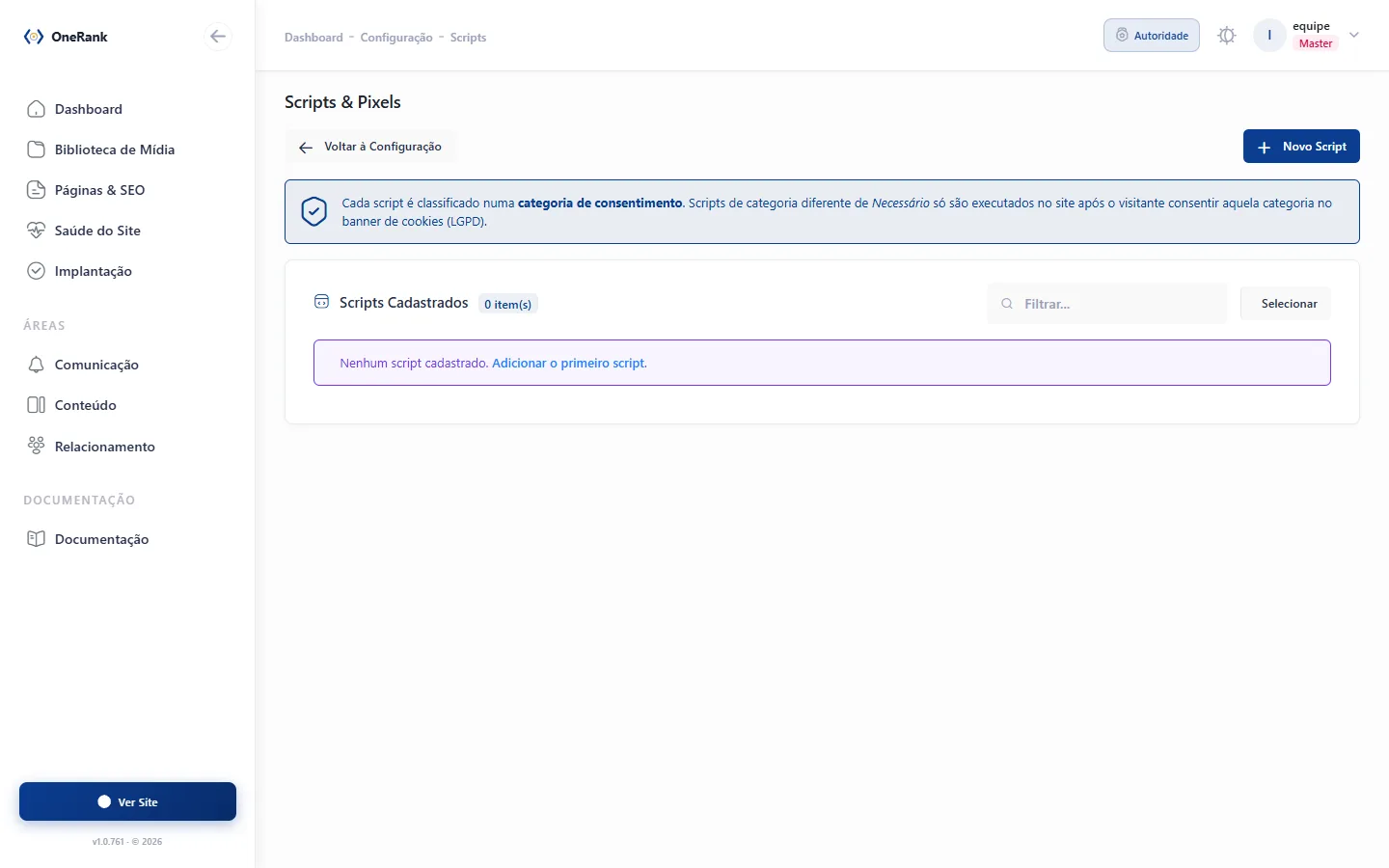 Tela de scripts e etiquetas de medição no painel da OneRank.