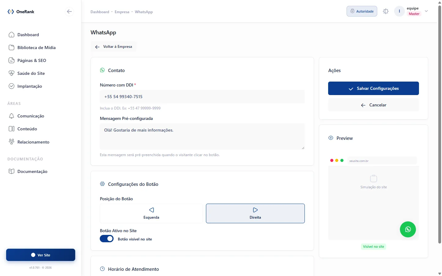 Tela de configuração do WhatsApp no painel da OneRank.